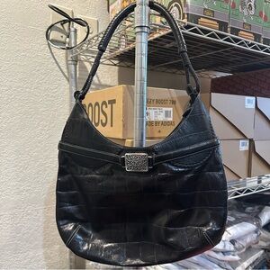 Brighton Black Croc Embossed Leather Shoulder Bag